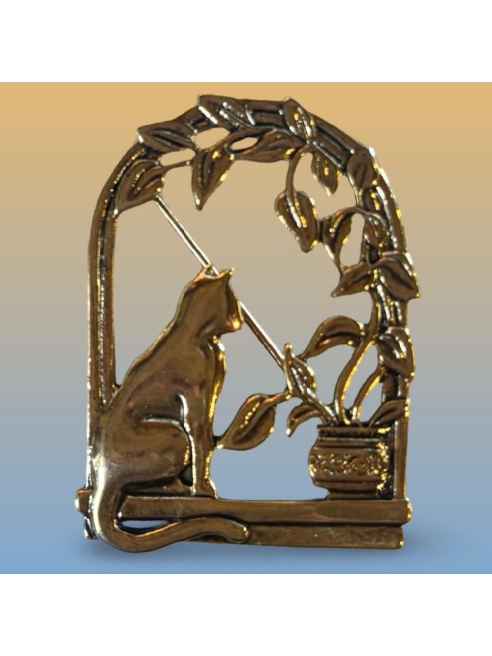 JJ Signed Gold-Tone Cat & Plant Brooch Pin Art Nouveau Style Vintage Gift